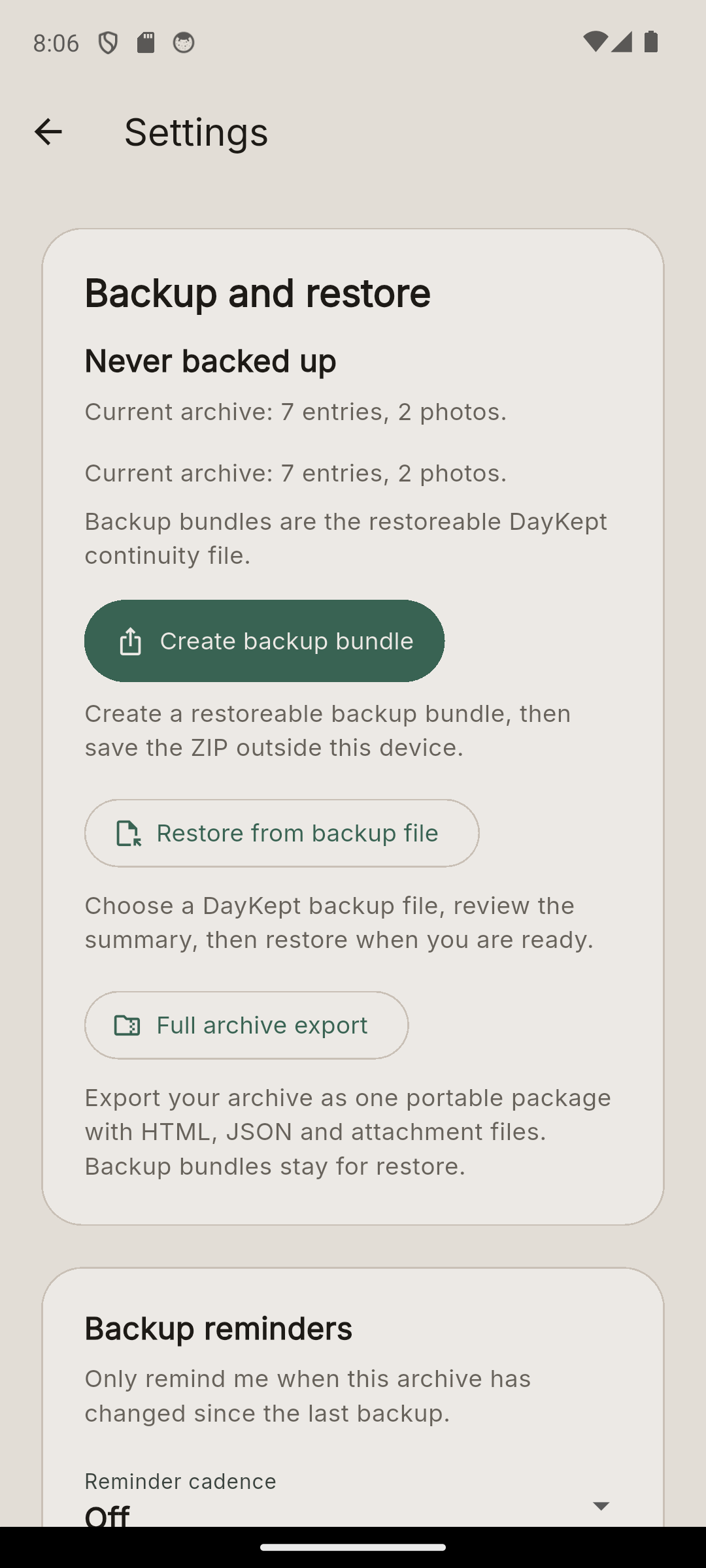 DayKept backup and restore settings showing backup bundle creation and restore from backup file.