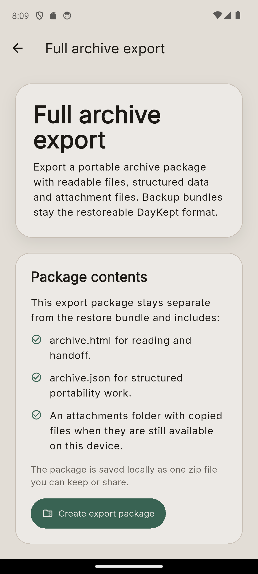 DayKept full archive export showing a portable archive package with readable files, structured data and attachment files.