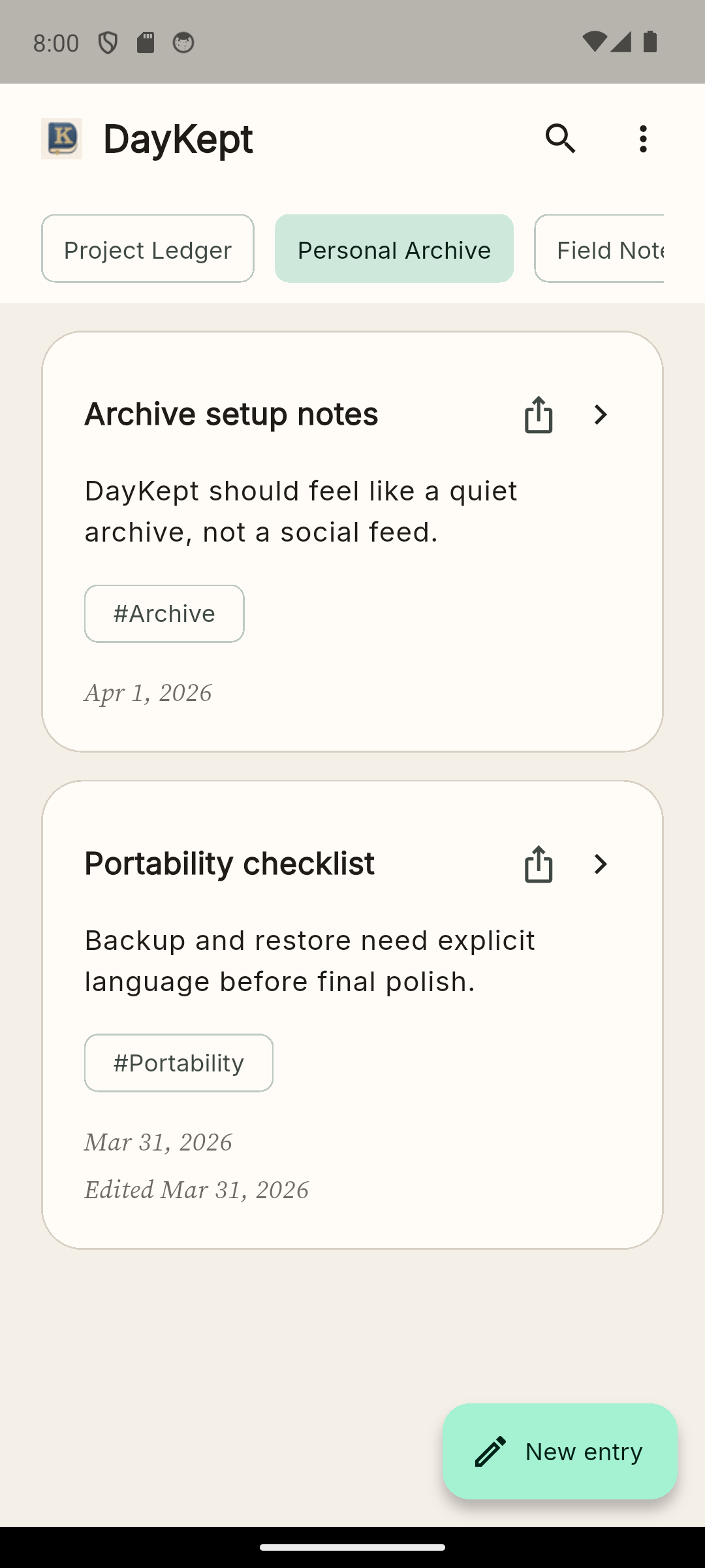 DayKept home archive showing current journals, entry cards and the New entry action.