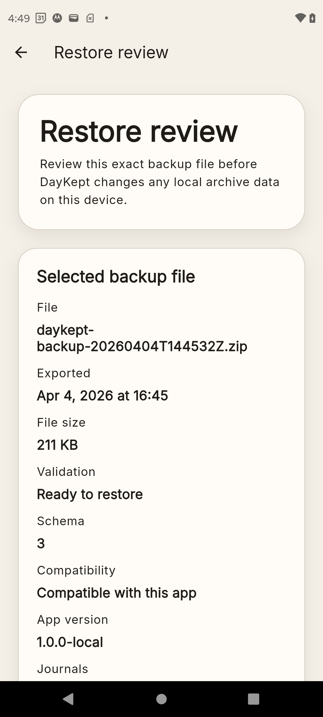 DayKept restore summary showing the selected backup file before the restore starts.