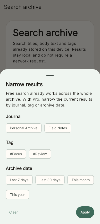 DayKept search with advanced filters opened for journal, tag and archive date.
