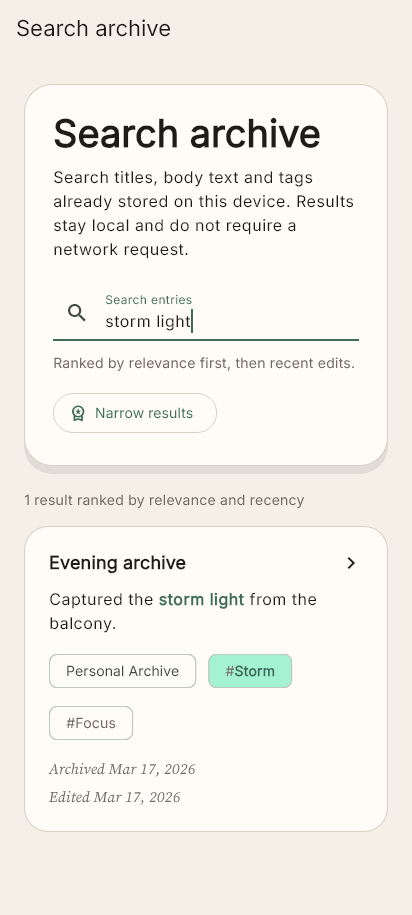DayKept search results showing a highlighted snippet inside an entry.