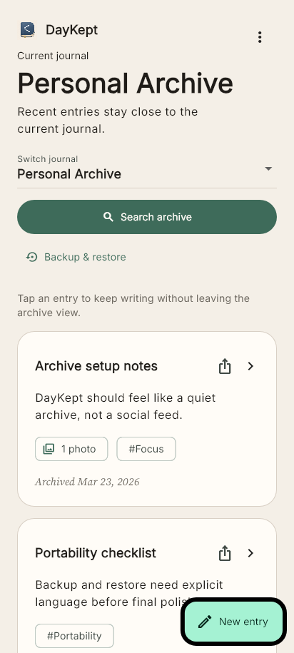 DayKept timeline showing the current journal, seeded entries and the Search archive action.